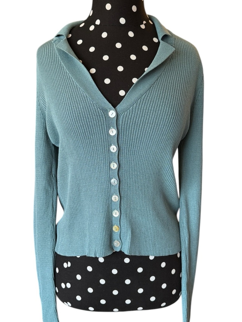 Lindex Teal Ribbed Cardigan Button Front Fitted Stretch V Neck Top Size US Small